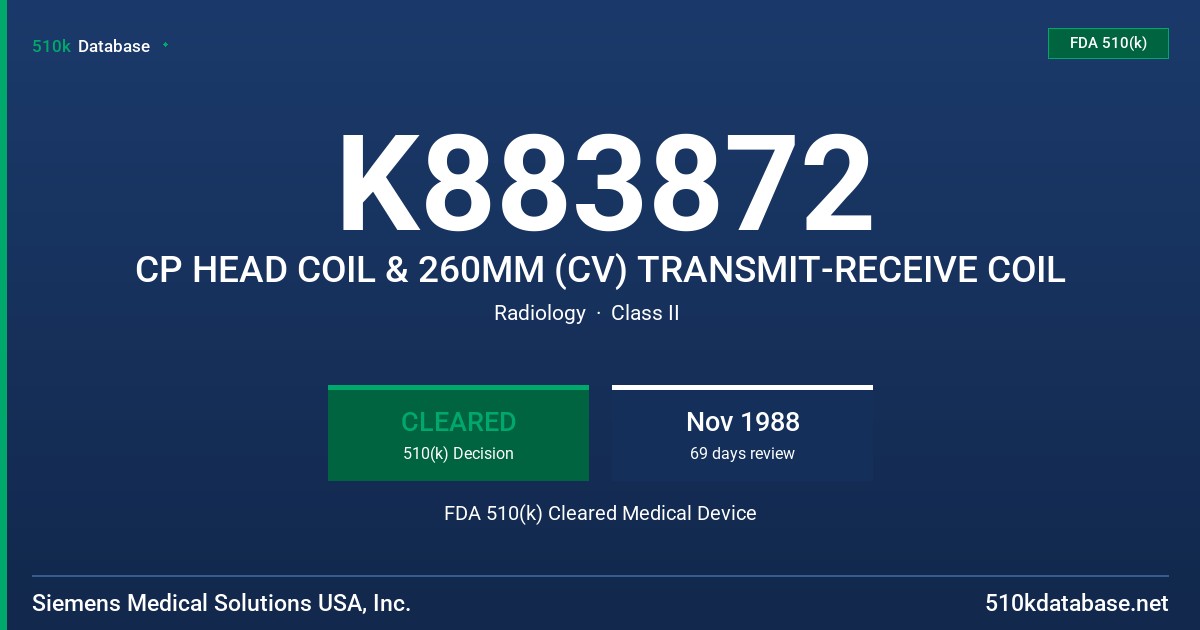 K883872 CP HEAD COIL & 260MM (CV) TRANSMIT-RECEIVE COIL FDA 510(k) Cleared Medical Device