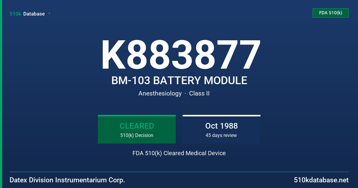 K883877 BM-103 BATTERY MODULE FDA 510(k) Cleared Medical Device