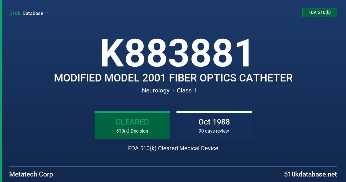K883881 MODIFIED MODEL 2001 FIBER OPTICS CATHETER FDA 510(k) Cleared Medical Device