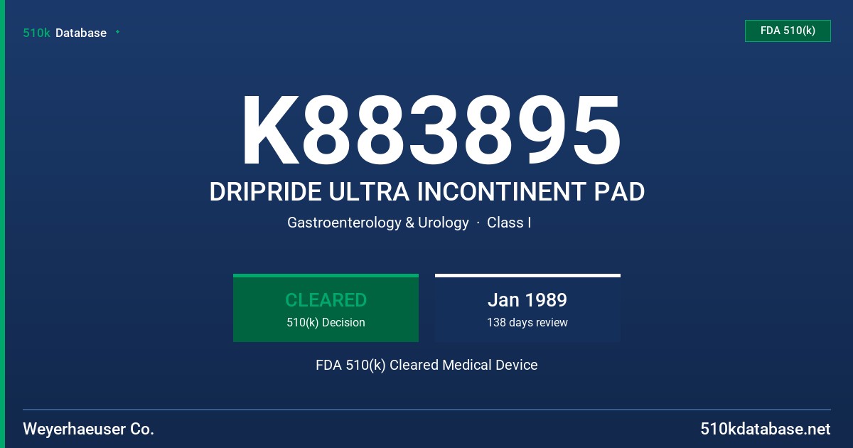K883895 DRIPRIDE ULTRA INCONTINENT PAD FDA 510(k) Cleared Medical Device