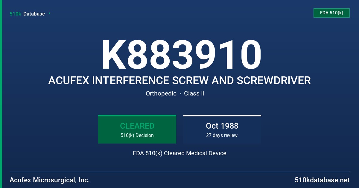 K883910 ACUFEX INTERFERENCE SCREW AND SCREWDRIVER FDA 510(k) Cleared Medical Device