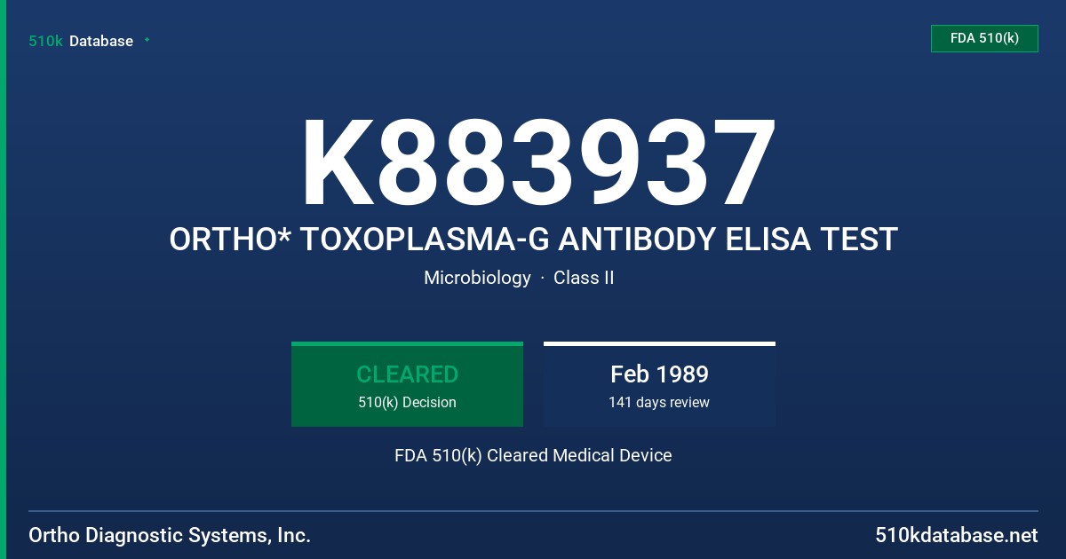 K883937 ORTHO* TOXOPLASMA-G ANTIBODY ELISA TEST FDA 510(k) Cleared Medical Device