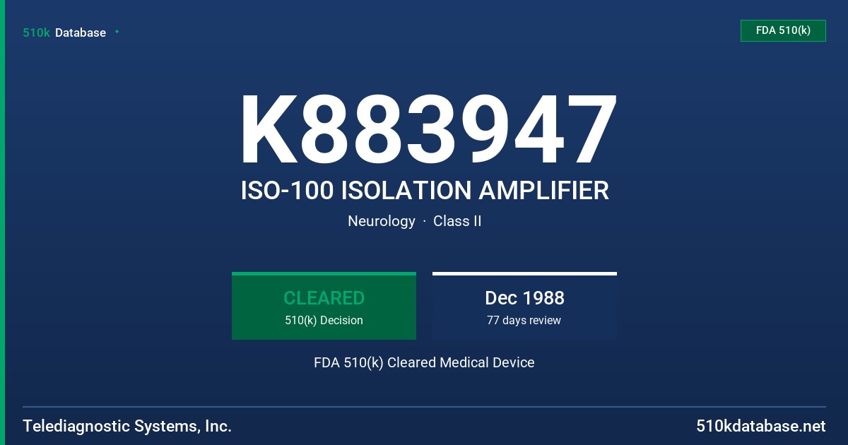 K883947 ISO-100 ISOLATION AMPLIFIER FDA 510(k) Cleared Medical Device