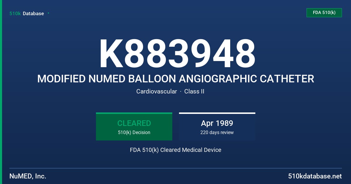 K883948 MODIFIED NUMED BALLOON ANGIOGRAPHIC CATHETER FDA 510(k) Cleared Medical Device