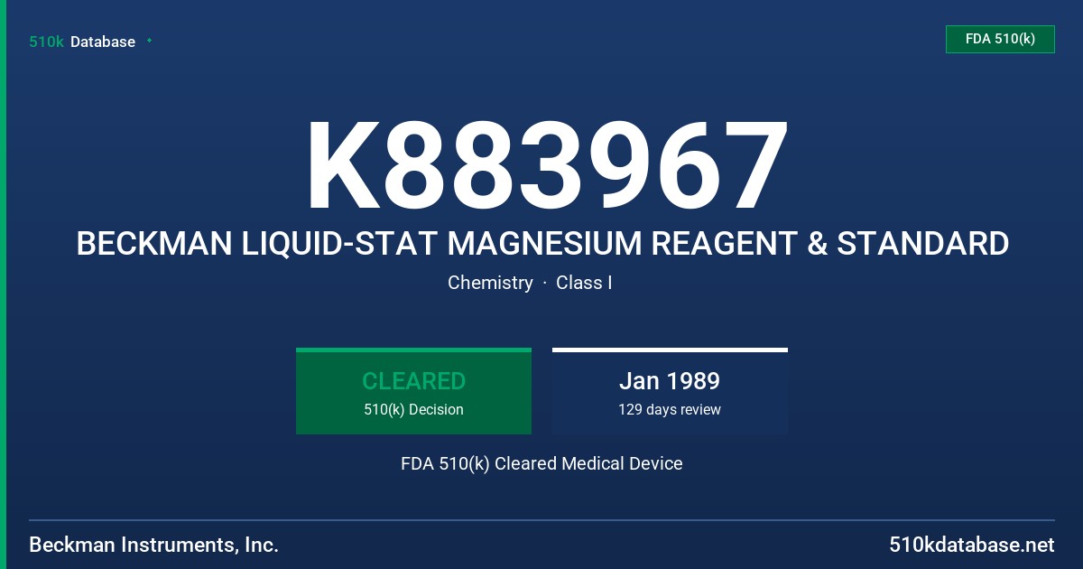 K883967 BECKMAN LIQUID-STAT MAGNESIUM REAGENT & STANDARD FDA 510(k) Cleared Medical Device