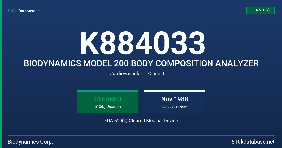K884033 BIODYNAMICS MODEL 200 BODY COMPOSITION ANALYZER FDA 510(k) Cleared Medical Device