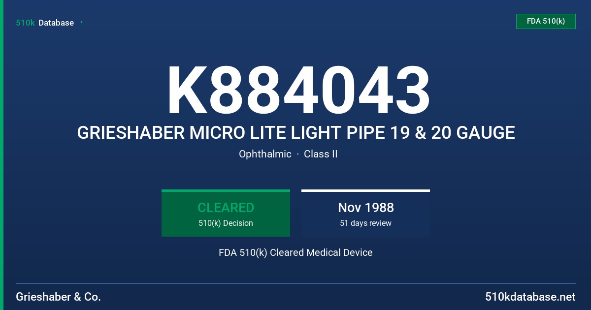 K884043 GRIESHABER MICRO LITE LIGHT PIPE 19 & 20 GAUGE FDA 510(k) Cleared Medical Device