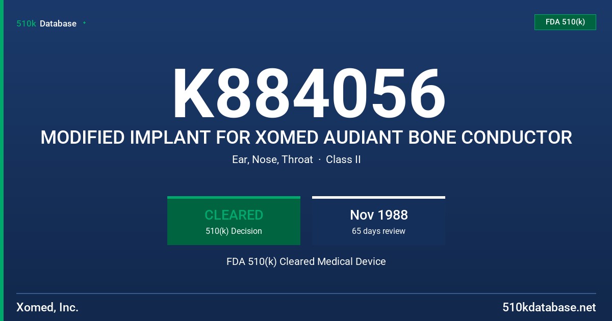 K884056 MODIFIED IMPLANT FOR XOMED AUDIANT BONE CONDUCTOR FDA 510(k) Cleared Medical Device