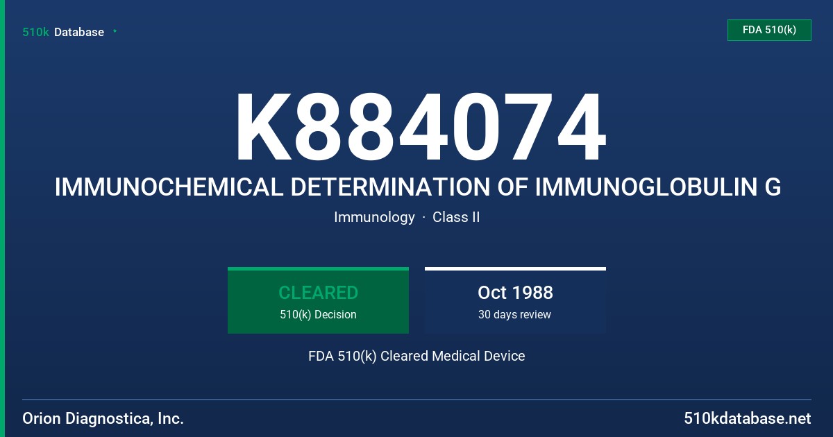K884074 IMMUNOCHEMICAL DETERMINATION OF IMMUNOGLOBULIN G FDA 510(k) Cleared Medical Device