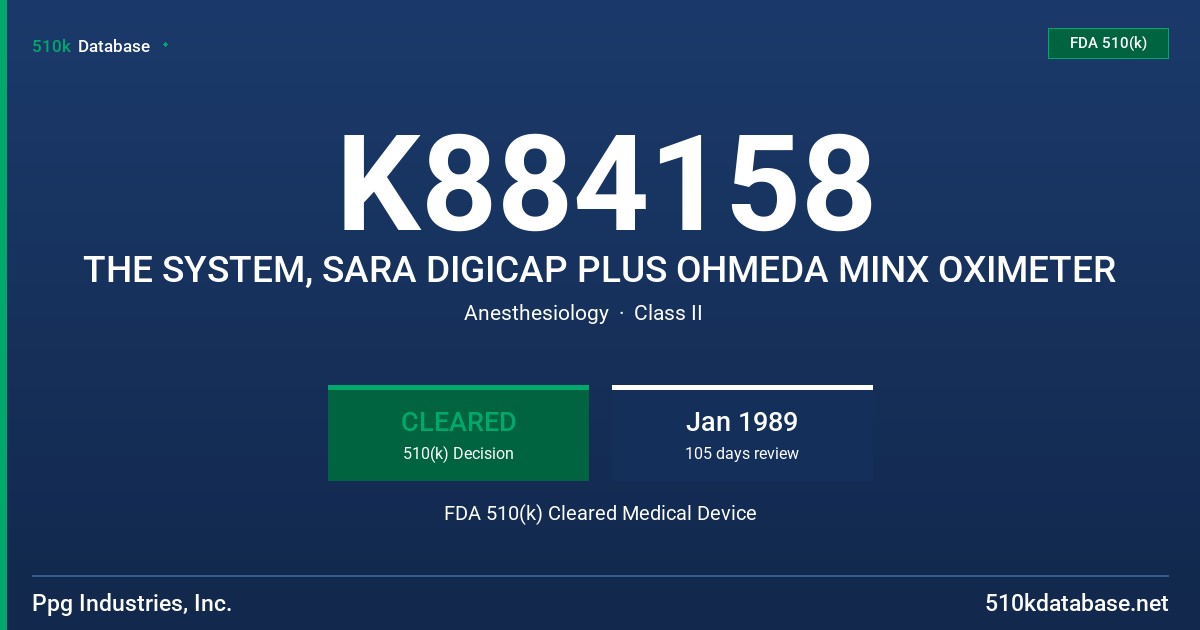 K884158 THE SYSTEM, SARA DIGICAP PLUS OHMEDA MINX OXIMETER FDA 510(k) Cleared Medical Device