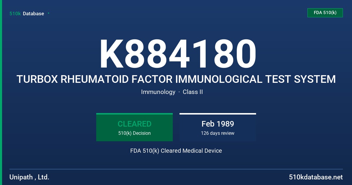 K884180 TURBOX RHEUMATOID FACTOR IMMUNOLOGICAL TEST SYSTEM FDA 510(k) Cleared Medical Device