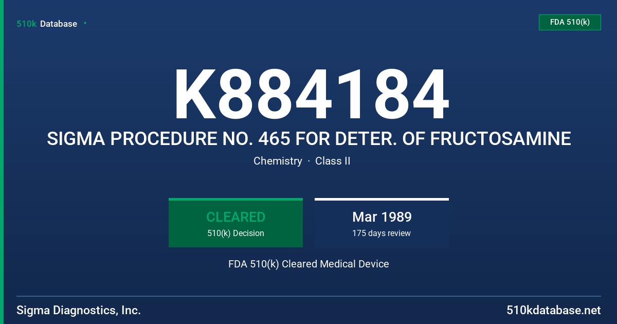 K884184 SIGMA PROCEDURE NO. 465 FOR DETER. OF FRUCTOSAMINE FDA 510(k) Cleared Medical Device
