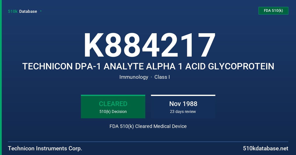 K884217 TECHNICON DPA-1 ANALYTE ALPHA 1 ACID GLYCOPROTEIN FDA 510(k) Cleared Medical Device