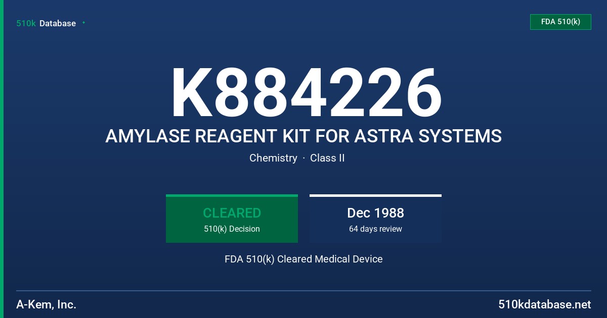 K884226 AMYLASE REAGENT KIT FOR ASTRA SYSTEMS FDA 510(k) Cleared Medical Device