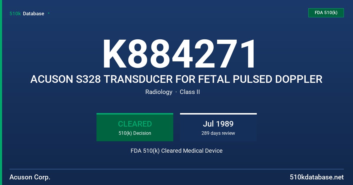 K884271 ACUSON S328 TRANSDUCER FOR FETAL PULSED DOPPLER FDA 510(k) Cleared Medical Device