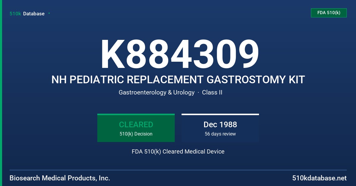 K884309 NH PEDIATRIC REPLACEMENT GASTROSTOMY KIT FDA 510(k) Cleared Medical Device