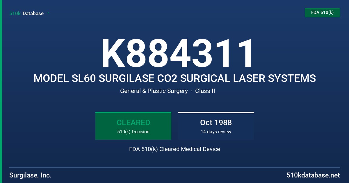 K884311 MODEL SL60 SURGILASE CO2 SURGICAL LASER SYSTEMS FDA 510(k) Cleared Medical Device