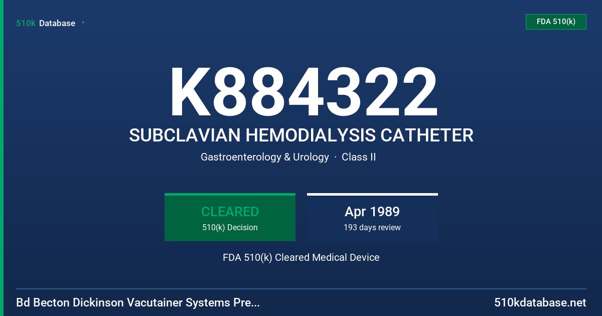K884322 SUBCLAVIAN HEMODIALYSIS CATHETER FDA 510(k) Cleared Medical Device