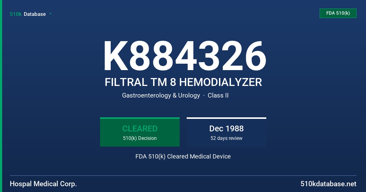 K884326 FILTRAL TM 8 HEMODIALYZER FDA 510(k) Cleared Medical Device