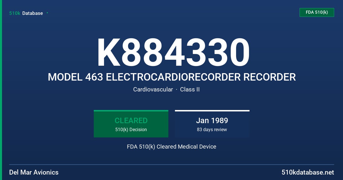K884330 MODEL 463 ELECTROCARDIORECORDER RECORDER FDA 510(k) Cleared Medical Device