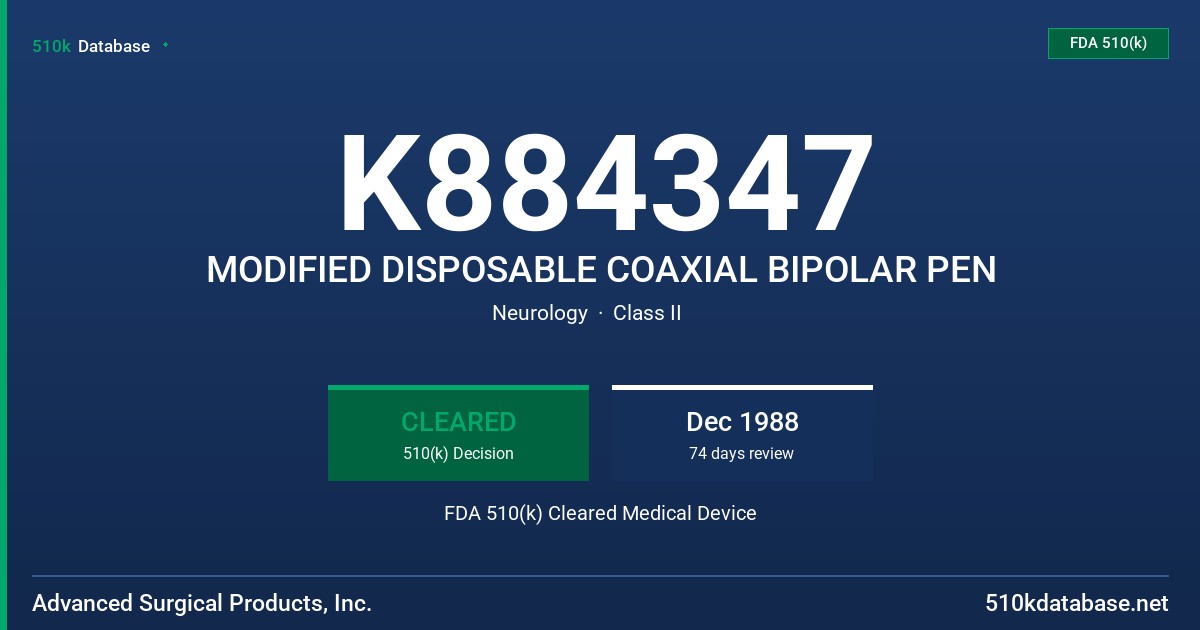 K884347 MODIFIED DISPOSABLE COAXIAL BIPOLAR PEN FDA 510(k) Cleared Medical Device