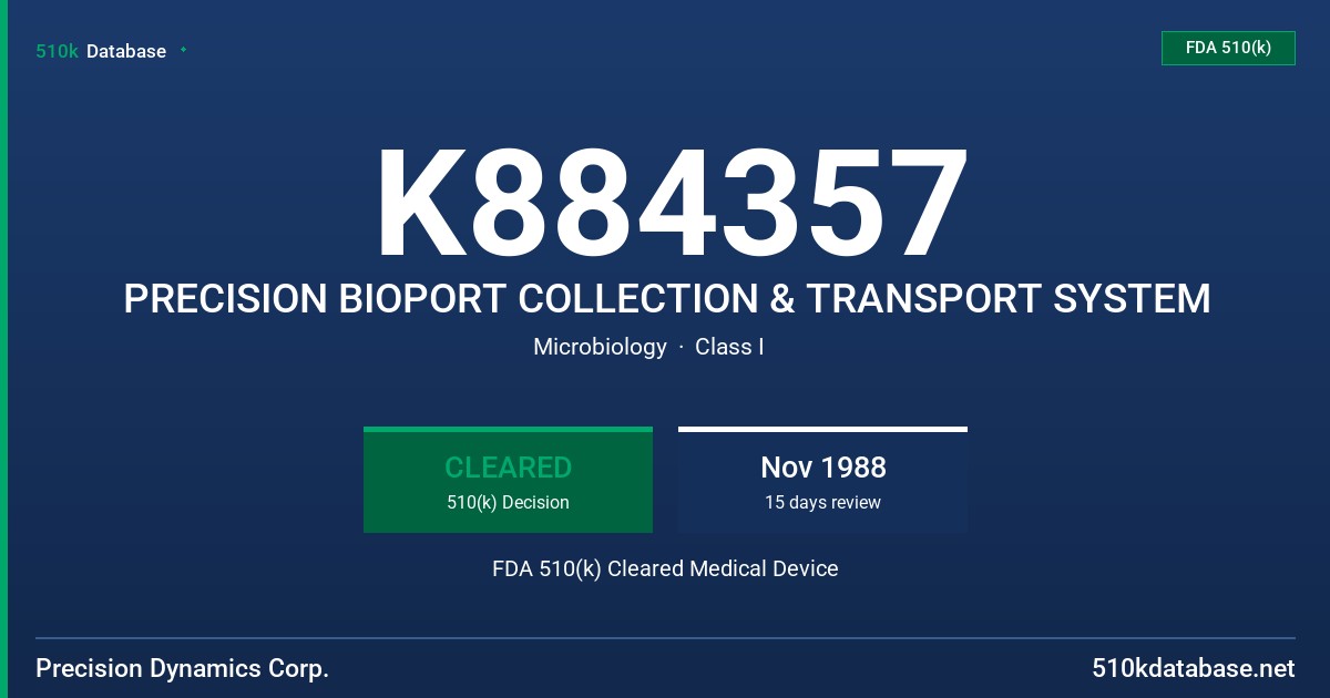 K884357 PRECISION BIOPORT COLLECTION & TRANSPORT SYSTEM FDA 510(k) Cleared Medical Device
