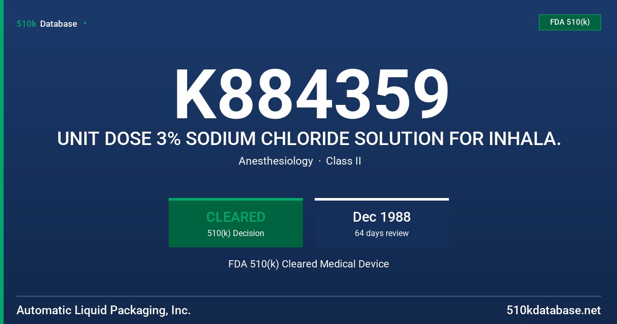 K884359 UNIT DOSE 3% SODIUM CHLORIDE SOLUTION FOR INHALA. FDA 510(k) Cleared Medical Device