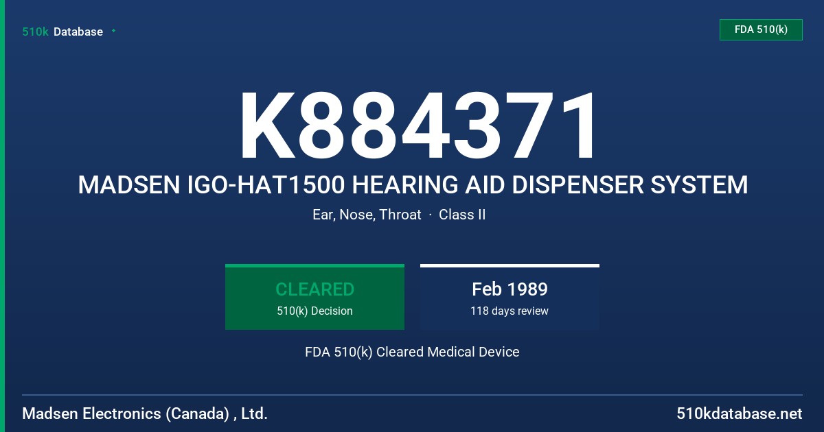 K884371 MADSEN IGO-HAT1500 HEARING AID DISPENSER SYSTEM FDA 510(k) Cleared Medical Device