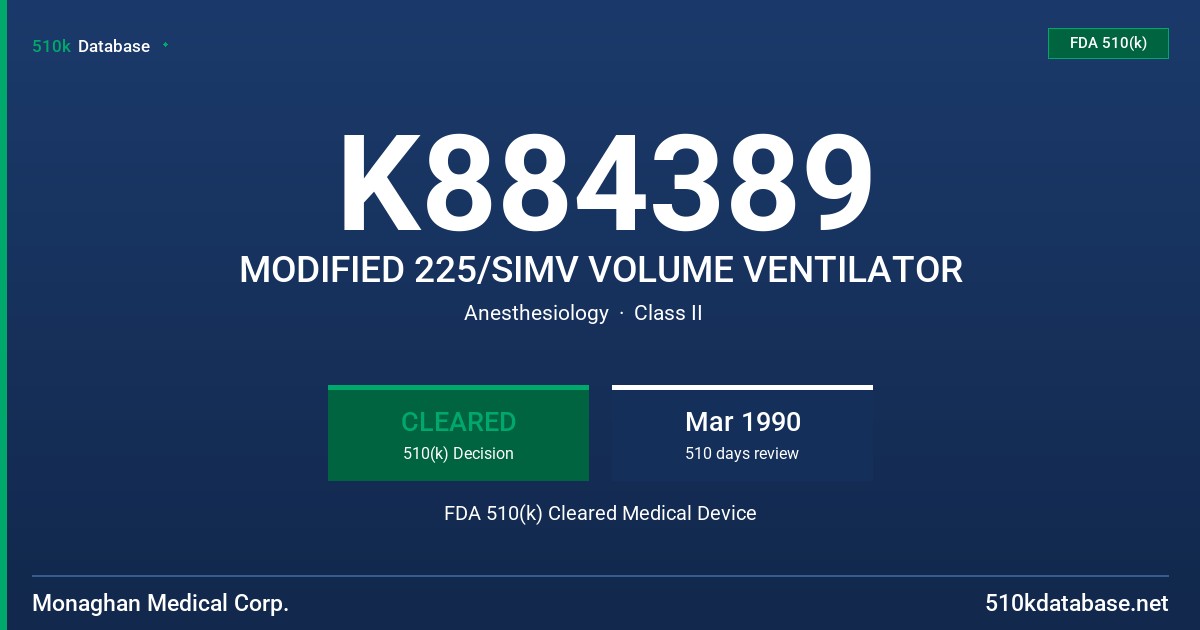 K884389 MODIFIED 225/SIMV VOLUME VENTILATOR FDA 510(k) Cleared Medical Device
