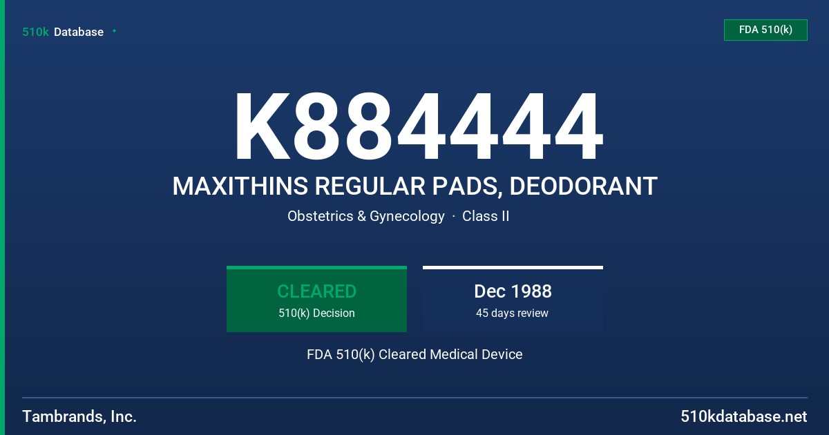 K884444 MAXITHINS REGULAR PADS, DEODORANT FDA 510(k) Cleared Medical Device