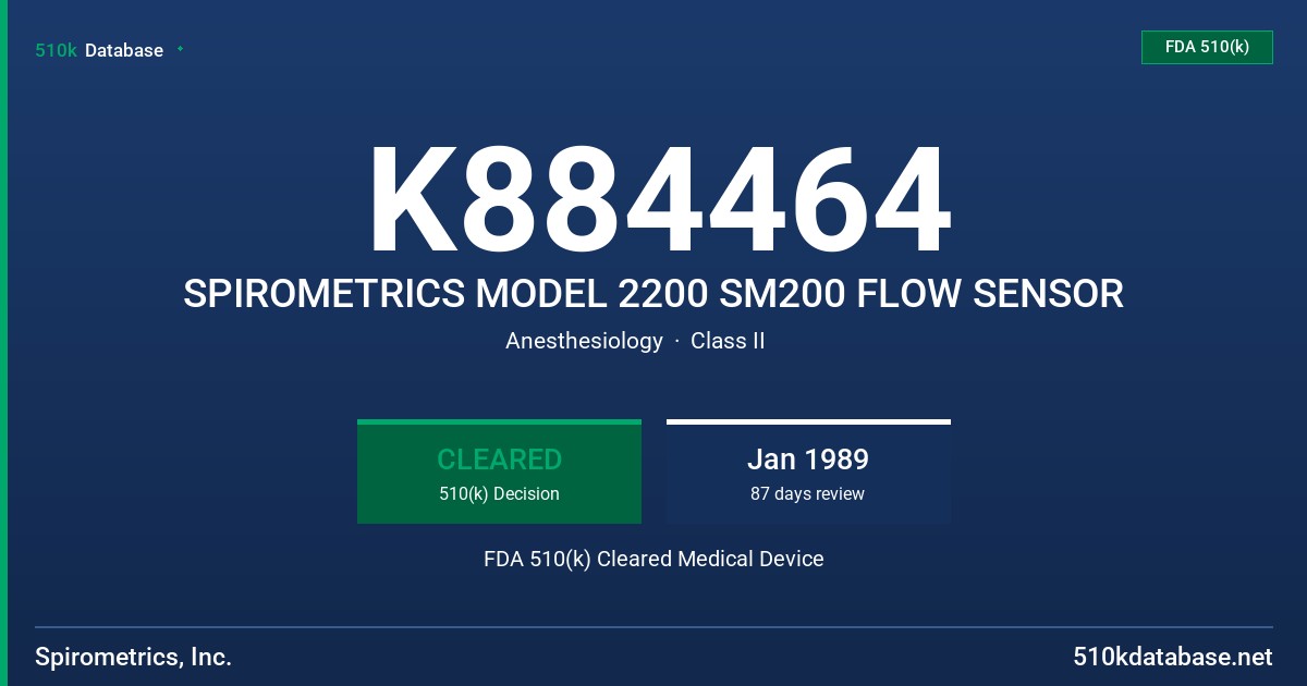 K884464 SPIROMETRICS MODEL 2200 SM200 FLOW SENSOR FDA 510(k) Cleared Medical Device