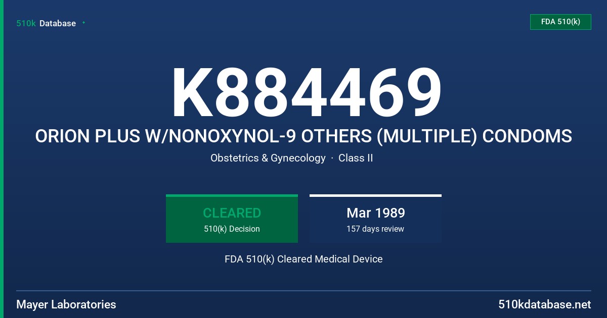 K884469 ORION PLUS W/NONOXYNOL-9 OTHERS (MULTIPLE) CONDOMS FDA 510(k) Cleared Medical Device