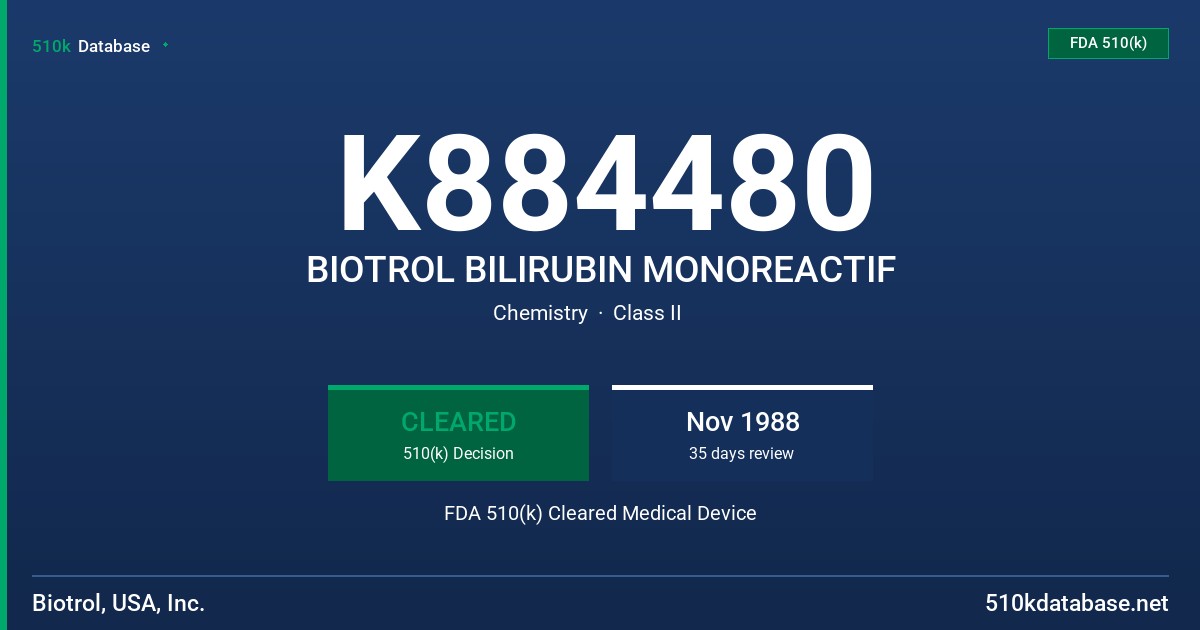 K884480 BIOTROL BILIRUBIN MONOREACTIF FDA 510(k) Cleared Medical Device