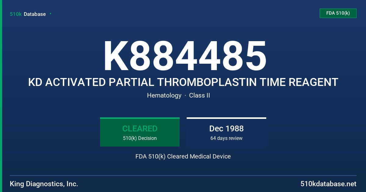 K884485 KD ACTIVATED PARTIAL THROMBOPLASTIN TIME REAGENT FDA 510(k) Cleared Medical Device