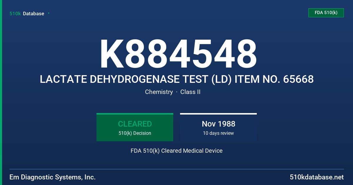 K884548 LACTATE DEHYDROGENASE TEST (LD) ITEM NO. 65668 FDA 510(k) Cleared Medical Device