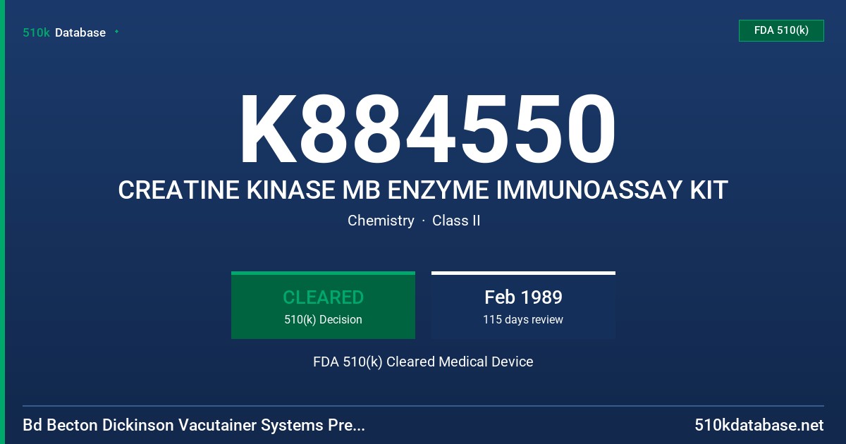 K884550 CREATINE KINASE MB ENZYME IMMUNOASSAY KIT FDA 510(k) Cleared Medical Device