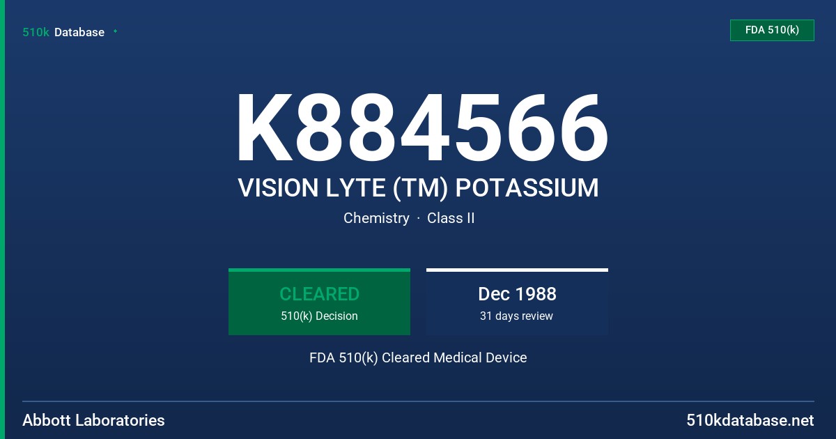 K884566 VISION LYTE (TM) POTASSIUM FDA 510(k) Cleared Medical Device