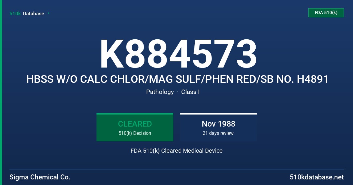 K884573 HBSS W/O CALC CHLOR/MAG SULF/PHEN RED/SB NO. H4891 FDA 510(k) Cleared Medical Device