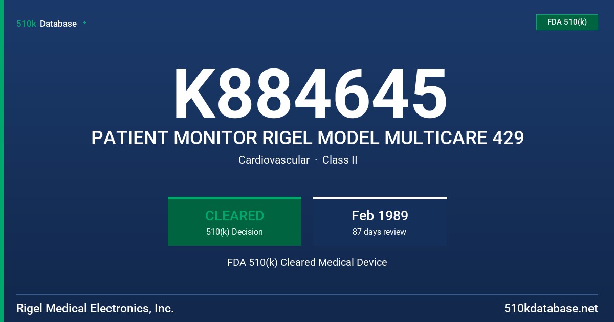 K884645 PATIENT MONITOR RIGEL MODEL MULTICARE 429 FDA 510(k) Cleared Medical Device