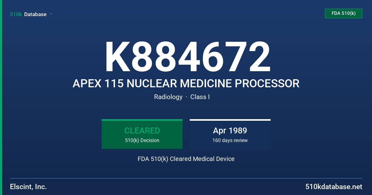 K884672 APEX 115 NUCLEAR MEDICINE PROCESSOR FDA 510(k) Cleared Medical Device