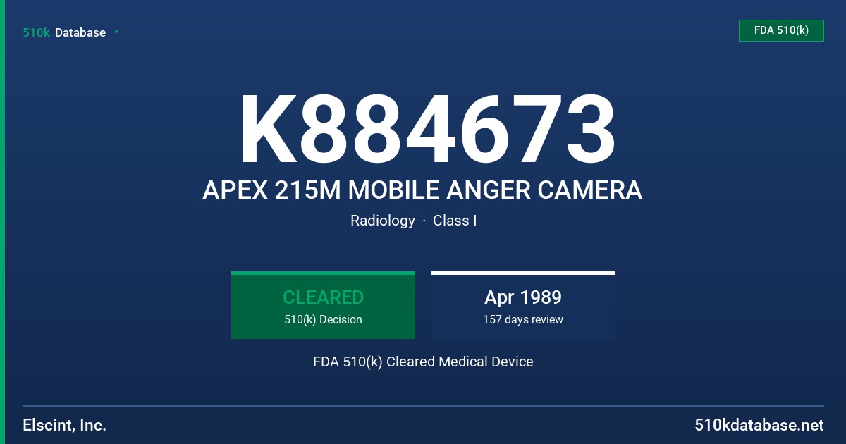 K884673 APEX 215M MOBILE ANGER CAMERA FDA 510(k) Cleared Medical Device