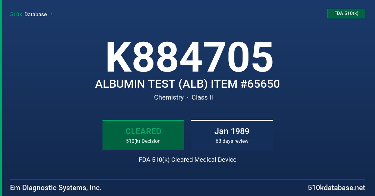 K884705 ALBUMIN TEST (ALB) ITEM #65650 FDA 510(k) Cleared Medical Device