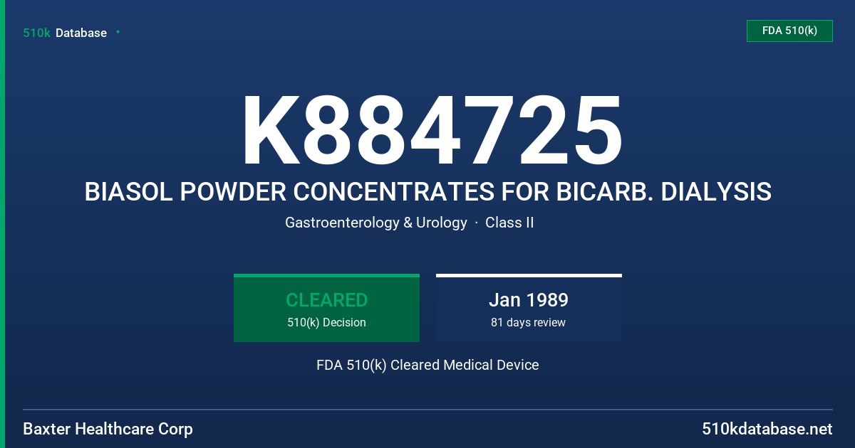 K884725 BIASOL POWDER CONCENTRATES FOR BICARB. DIALYSIS FDA 510(k) Cleared Medical Device