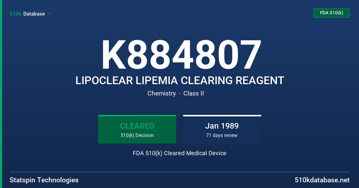 K884807 LIPOCLEAR LIPEMIA CLEARING REAGENT FDA 510(k) Cleared Medical Device