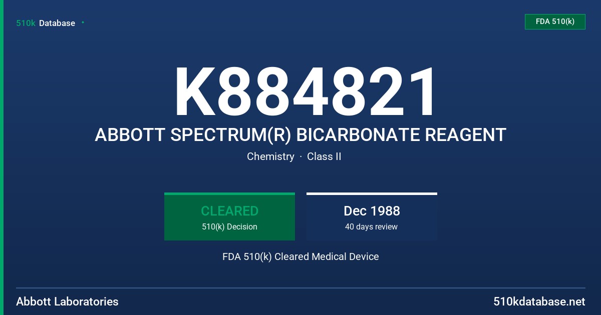 K884821 ABBOTT SPECTRUM(R) BICARBONATE REAGENT FDA 510(k) Cleared Medical Device