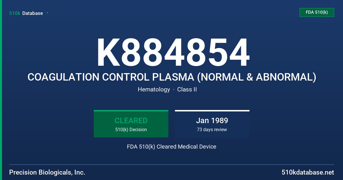 K884854 COAGULATION CONTROL PLASMA (NORMAL & ABNORMAL) FDA 510(k) Cleared Medical Device