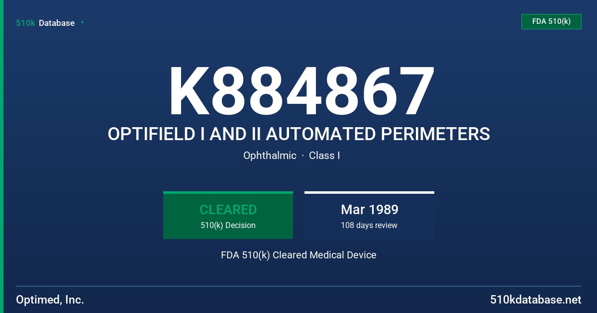 K884867 OPTIFIELD I AND II AUTOMATED PERIMETERS FDA 510(k) Cleared Medical Device