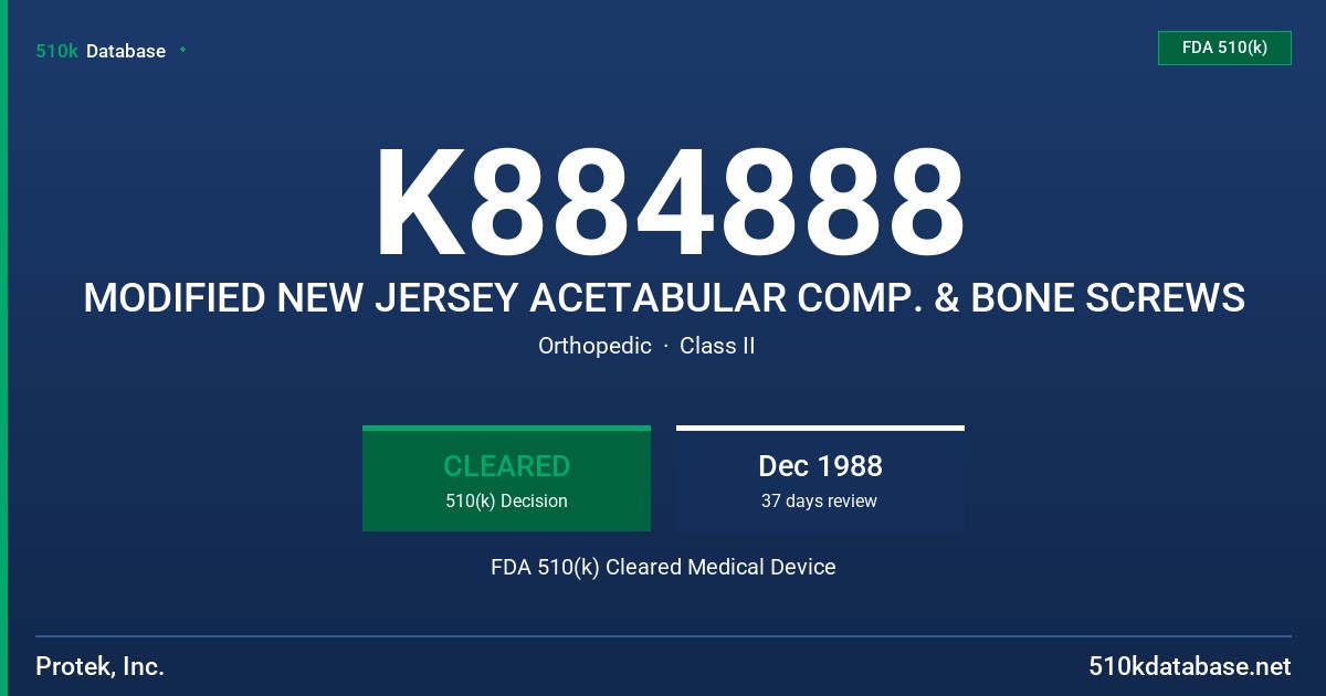 K884888 MODIFIED NEW JERSEY ACETABULAR COMP. & BONE SCREWS FDA 510(k) Cleared Medical Device