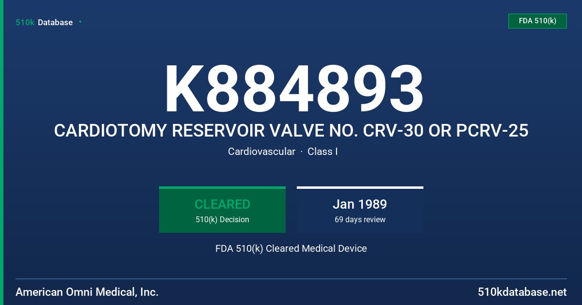 K884893 CARDIOTOMY RESERVOIR VALVE NO. CRV-30 OR PCRV-25 FDA 510(k) Cleared Medical Device