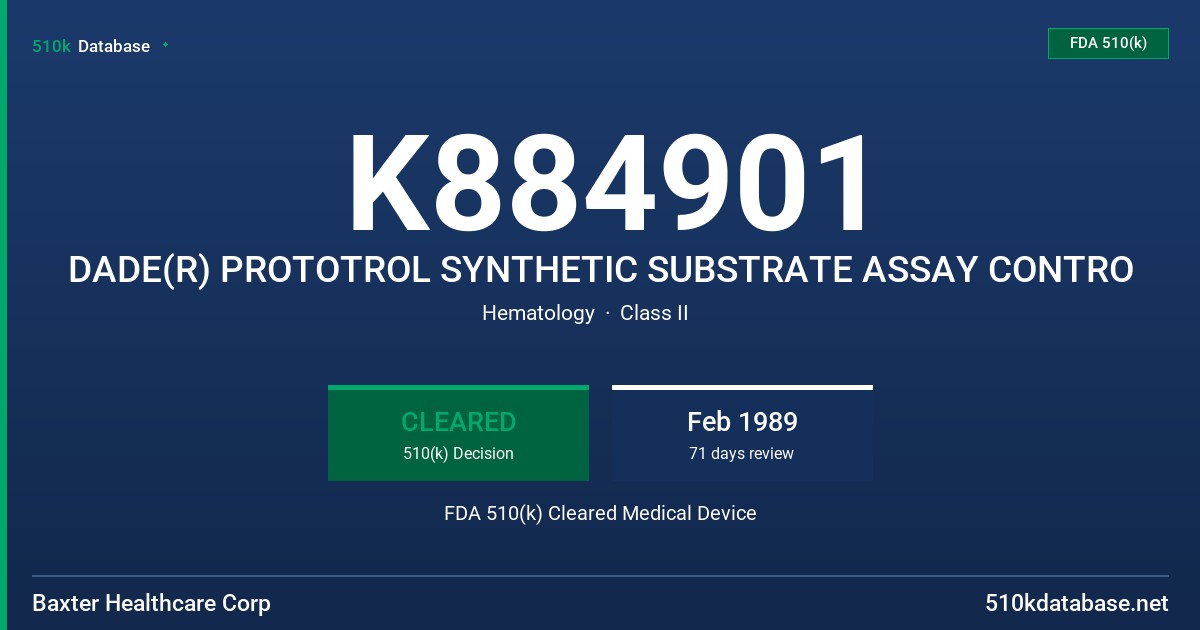 K884901 DADE(R) PROTOTROL SYNTHETIC SUBSTRATE ASSAY CONTRO FDA 510(k) Cleared Medical Device